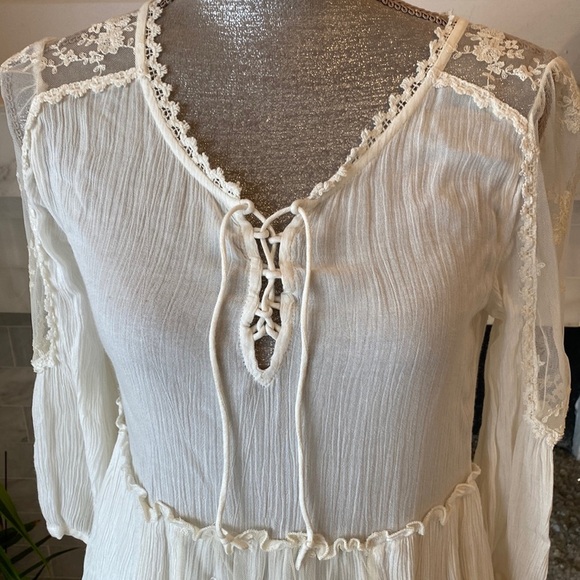 Free People Romance of the Rose Ivory Sheer Lacey Lace-Up Tunic Size XS - Picture 10 of 16